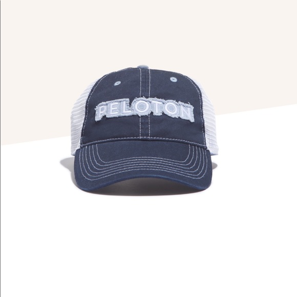NEW! PELOTON Hat Frayed Stamp Front Mesh Back Adjustable Velcro Back Blue White - Picture 1 of 7